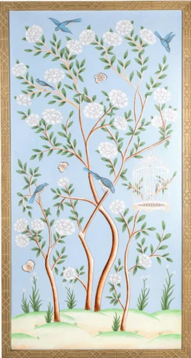 Peinture murale chinoise en cage à oiseaux bleu pâle