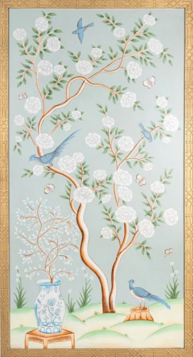 Peinture murale chinoise en vert pâle et bleu doux