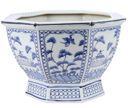 Jardinière hexagonale de taille moyenne, bleu clair, avec motifs floraux et villageois