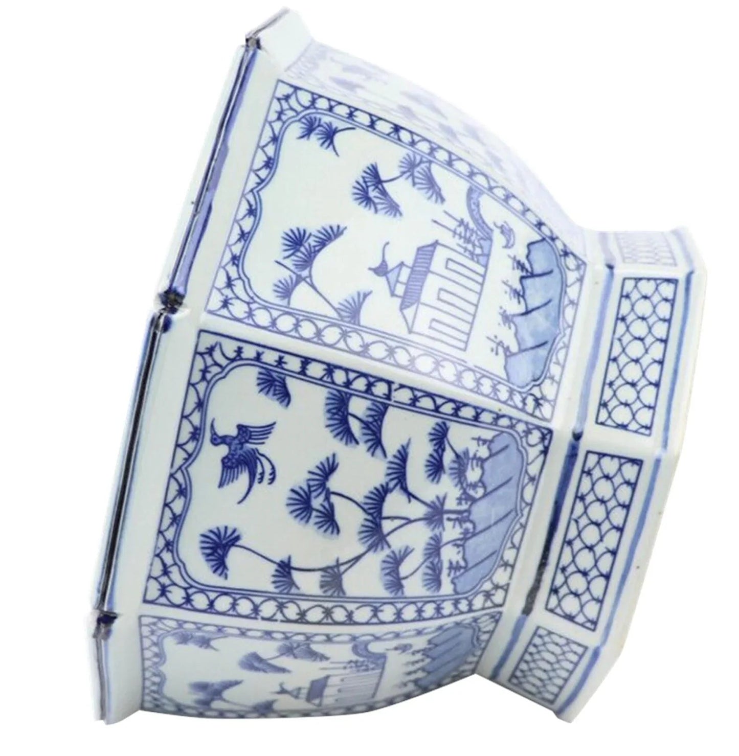 Jardinière hexagonale de taille moyenne, bleu clair, avec motifs floraux et villageois
