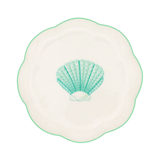 Assiette à entrée en céramique Balearic Blu blanche avec motif coquille Saint-Jacques verte et bord peint à la main (lot de 4)