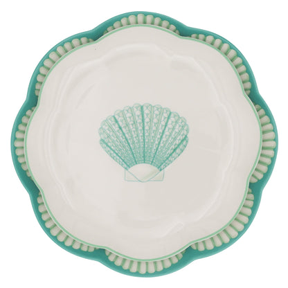 Assiette à entrée en céramique Balearic Blu blanche avec motif coquille Saint-Jacques verte et bord peint à la main (lot de 4)