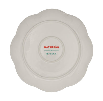 Assiette à entrée en céramique Balearic Blu blanche avec motif coquille Saint-Jacques verte et bord peint à la main (lot de 4)