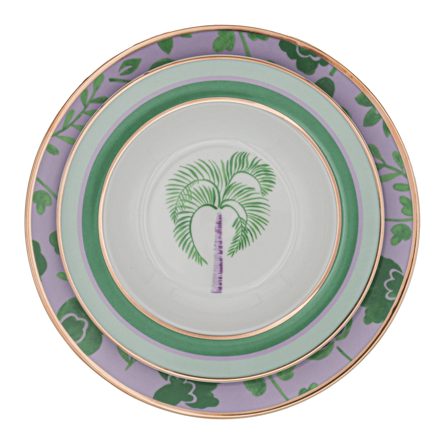 Bol à soupe en porcelaine Bernadette Palm blanc avec motifs verts et lilas (lot de 4)