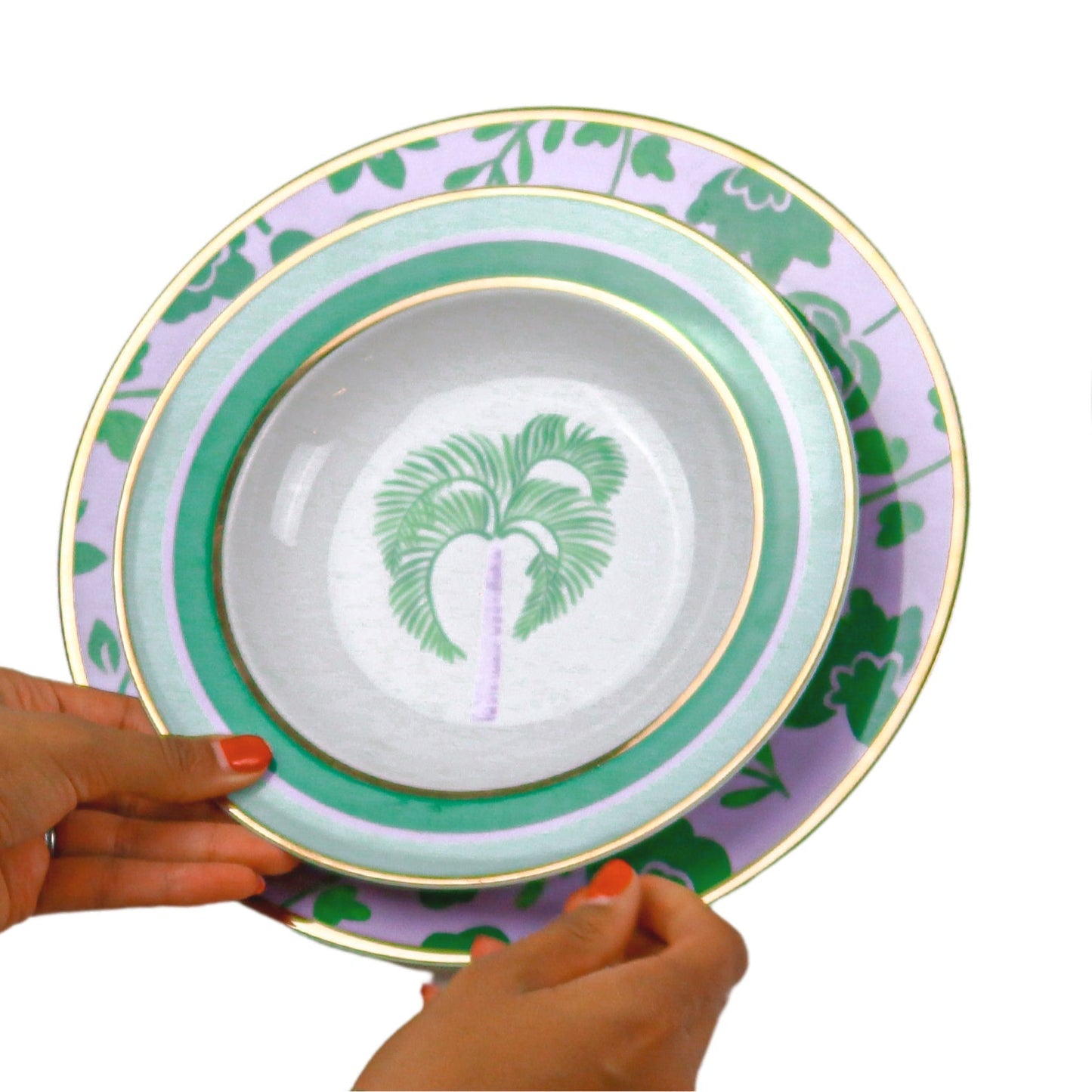Bol à soupe en porcelaine Bernadette Palm blanc avec motifs verts et lilas (lot de 4)