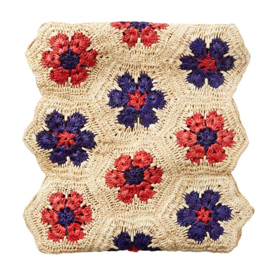 Chemin de table et set de table festonné tissés à la main à motif floral Americana – Payton James x Tuckernuck – Style bohème, fleurs rouges et bleues, raphia naturel