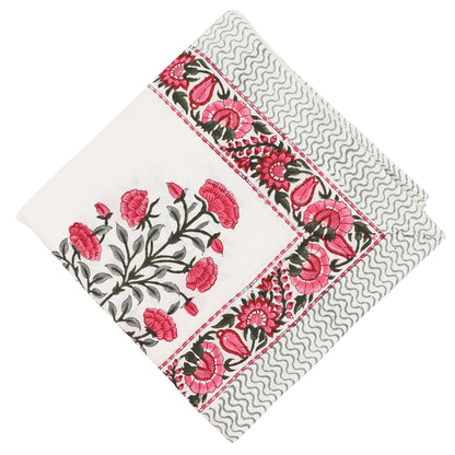Nappe en coton Rose Garden blanche avec motif imprimé à la main rose et vert