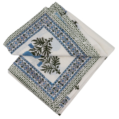 Nappe Toile de Blu Hortensia en coton blanc avec motif bleu et vert imprimé à la main
