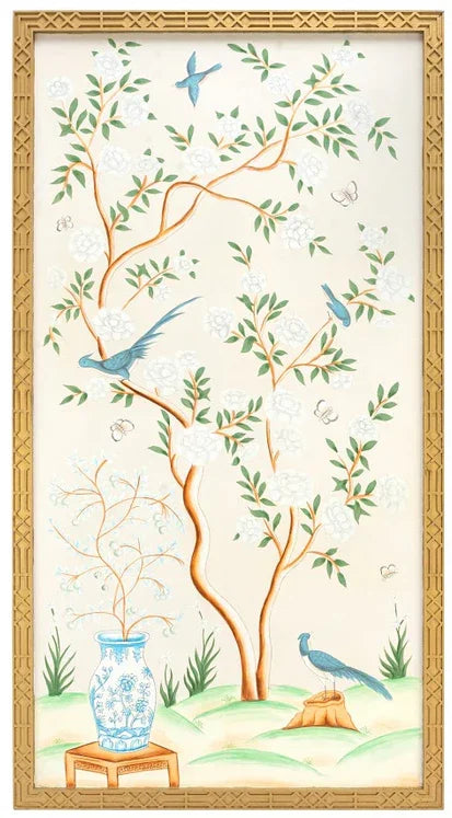 Peinture murale chinoise en ivoire et bleu doux