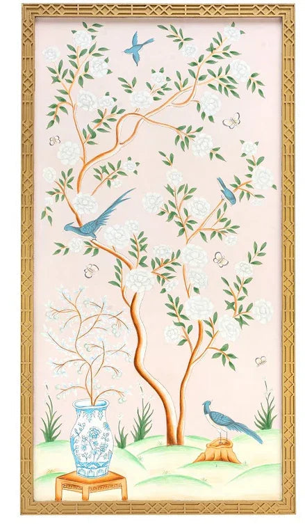 Peinture murale chinoise en rose pâle et bleu doux